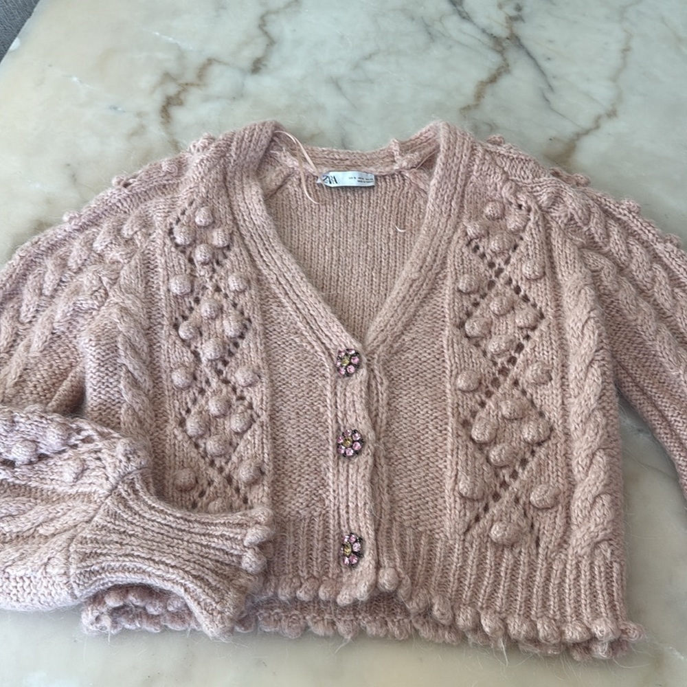 Zara Jewel Button Knit Cardigan Blush Pink Knit Sweater Size Small Loose Fit - Picture 10 of 16
